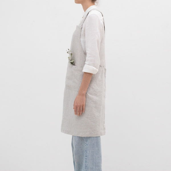 Linen Tales Grey Blue Pinstripe Rustic Linen Crossback Apron