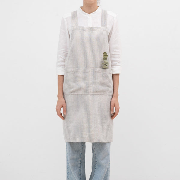 Linen Tales Grey Blue Pinstripe Rustic Linen Crossback Apron
