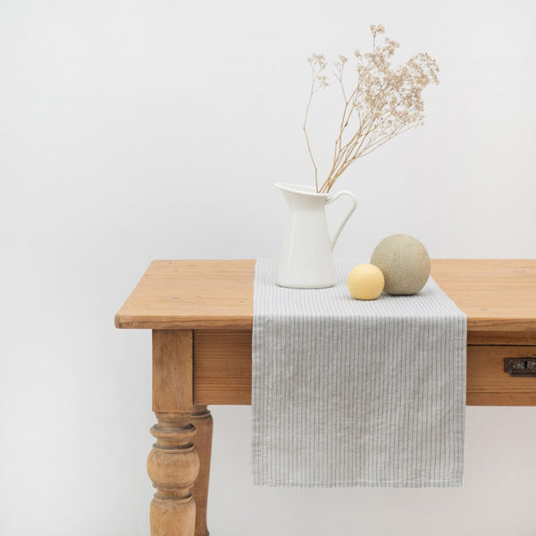 linen tales Grey Blue Pinstripe Rustic Linen Table Runner