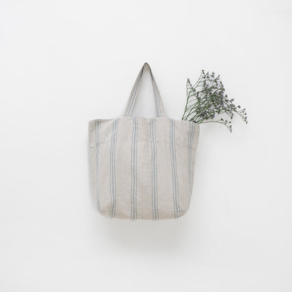 linen tales Grey Blue Wide Stripe Rustic Linen Big Bag