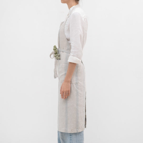 Linen Tales Grey Blue Wide Stripe Rustic Linen Chef Apron