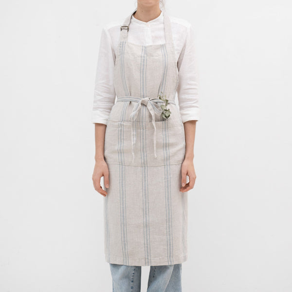 linen tales Grey Blue Wide Stripe Rustic Linen Chef Apron