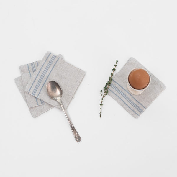 linen tales Grey Blue Wide Stripe Rustic Linen Coasters Set of 4