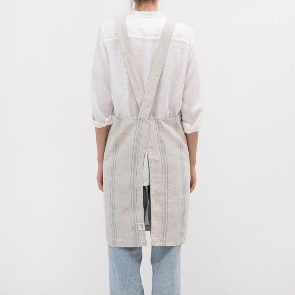 Linen Tales Grey Blue Wide Stripe Rustic Linen Crossback Apron