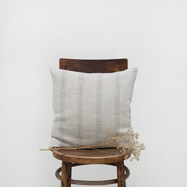 linen tales Grey Blue Wide Stripe Rustic Linen Cushion Cover