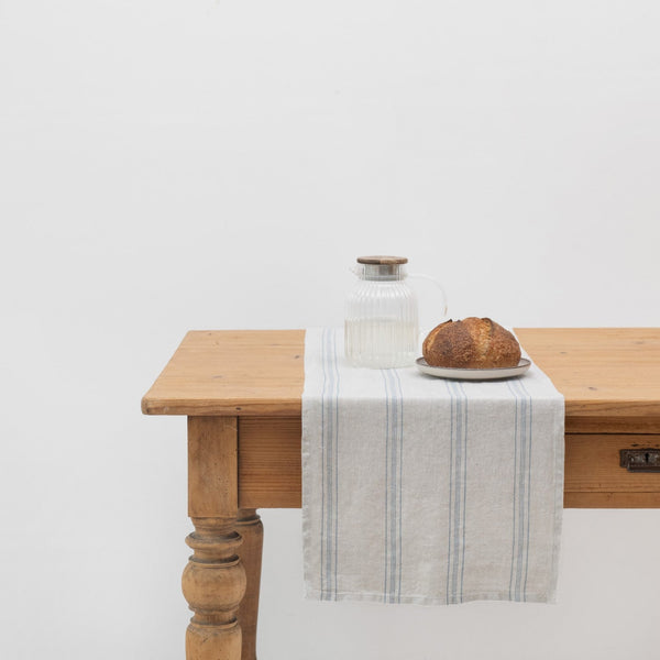 linen tales Grey Blue Wide Stripe Rustic Linen Table Runner