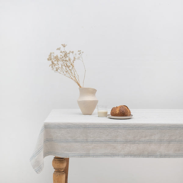 linen tales Grey Blue Wide Stripe Rustic Linen Tablecloth