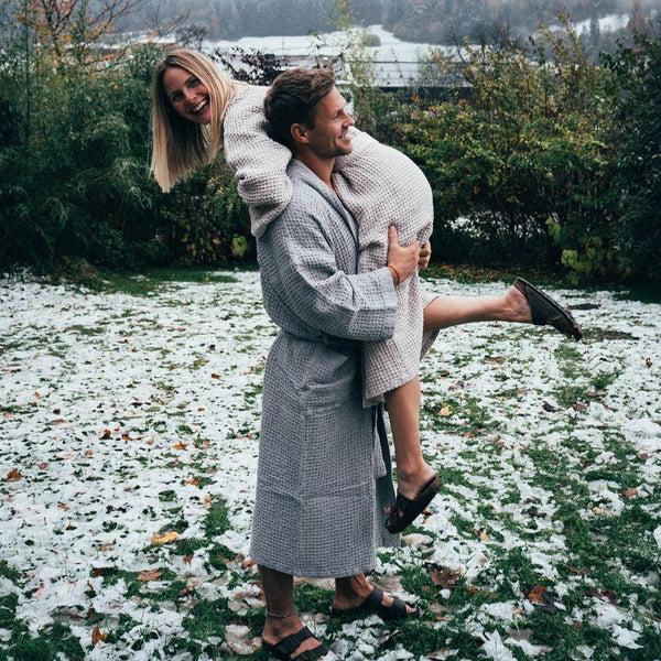 Linen Tales Light Grey Linen & Cotton Honeycomb Waffle Bathrobe