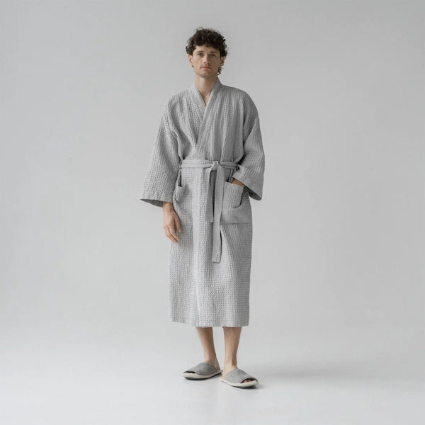 Linen Tales Light Grey Linen & Cotton Honeycomb Waffle Bathrobe