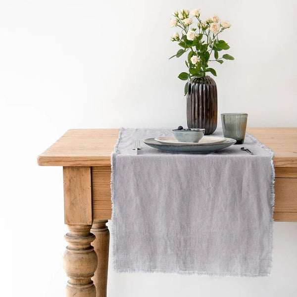 linen tales Light Grey Linen Table Runner with Fringes