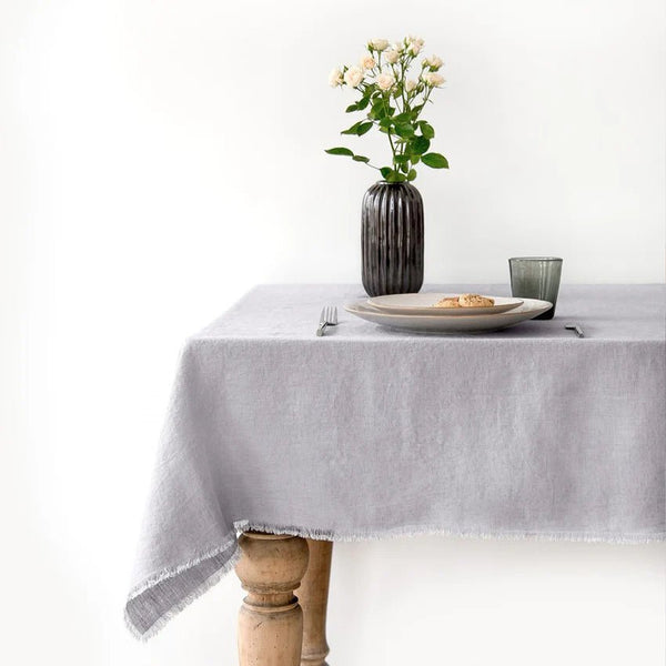 linen tales Light Grey Linen Tablecloth with Fringes