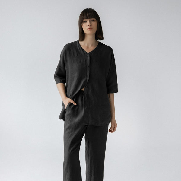 linen tales Black Linen Primrose Loungewear Set