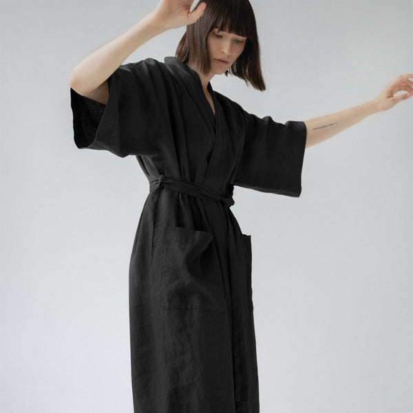 Linen Tales Black Linen Summer Bathrobe