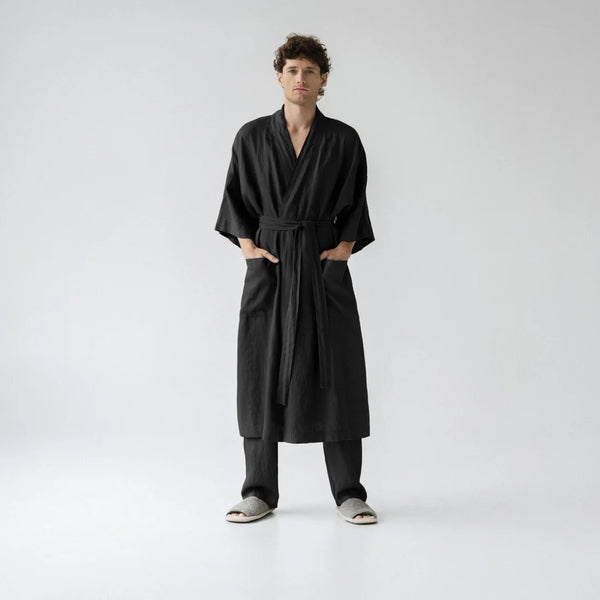 linen tales Black Linen Summer Bathrobe