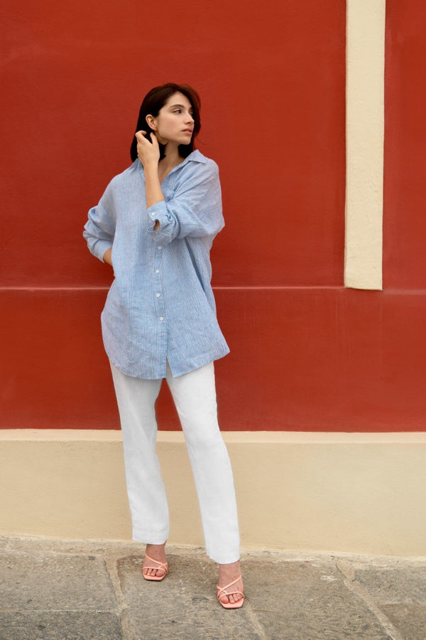 Linen Tales Blue White Stripes Linen Rondo Shirt
