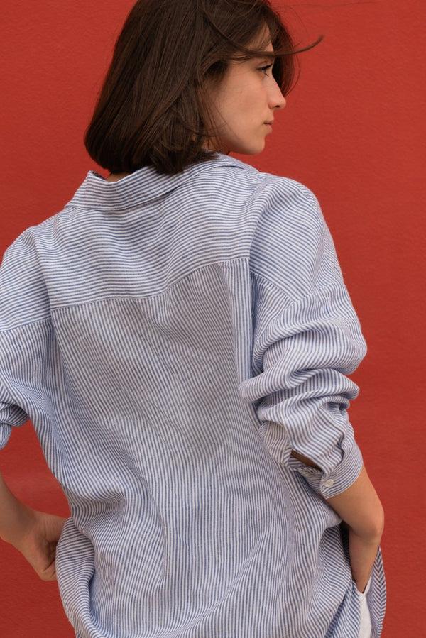 Linen Tales Blue White Stripes Linen Rondo Shirt