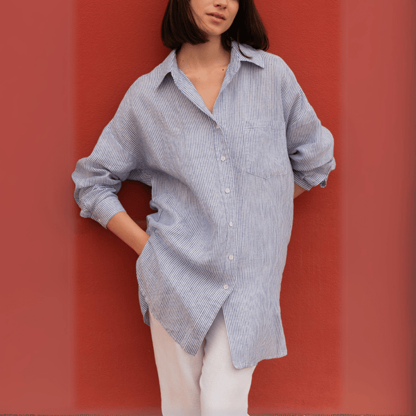 linen tales Blue White Stripes Linen Rondo Shirt