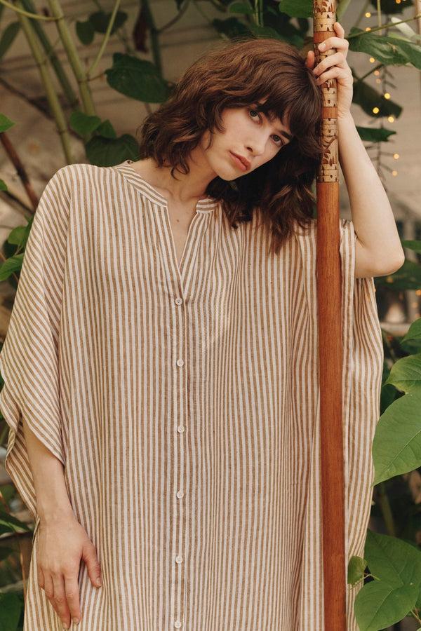 Linen Tales Bronze White Stripes Linen Beach Dress