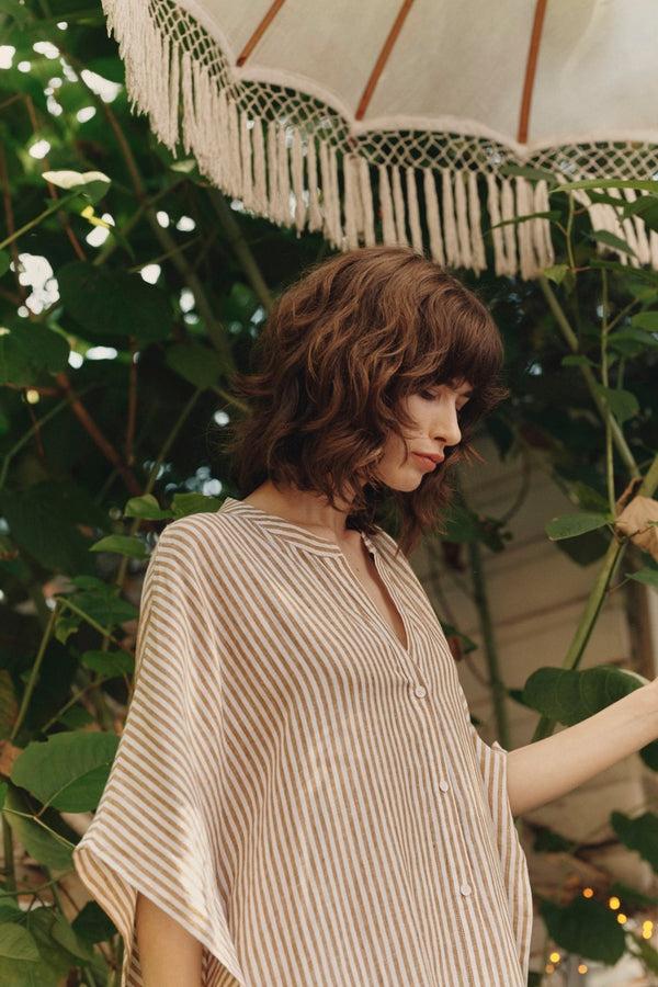 Linen Tales Bronze White Stripes Linen Beach Dress