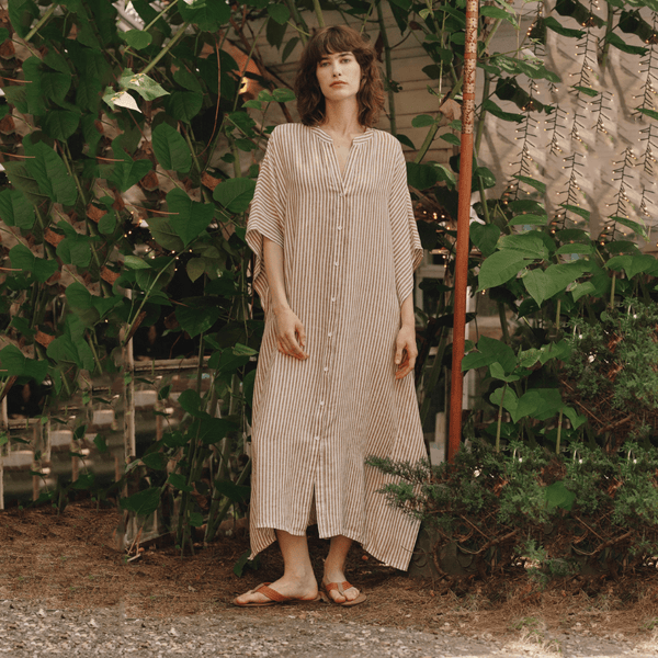 linen tales Bronze White Stripes Linen Beach Dress