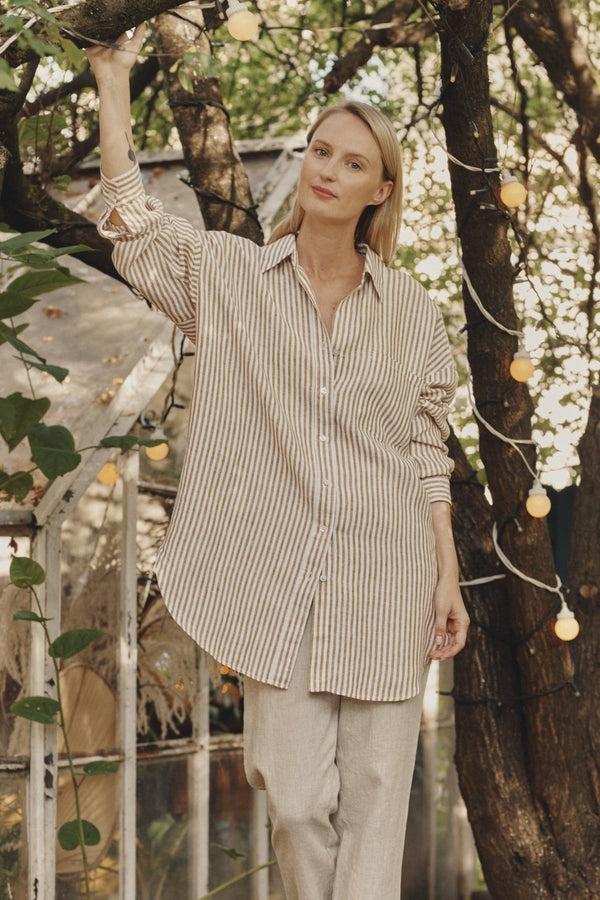 Linen Tales Bronze White Stripes Linen Rondo Shirt