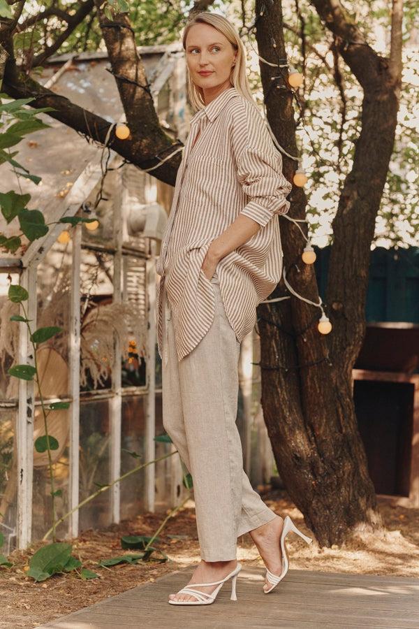 Linen Tales Bronze White Stripes Linen Rondo Shirt