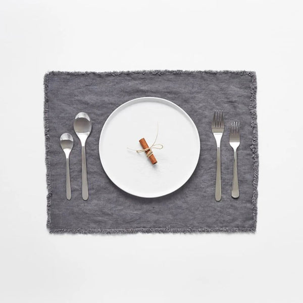 linen tales Dark Grey Linen Placemat with Fringes