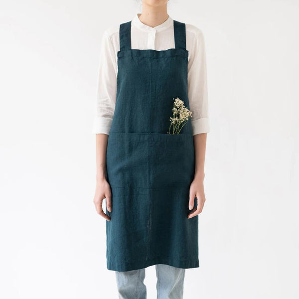 linen tales Deep Water Linen Crossback Apron