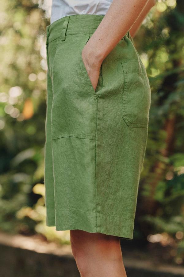 Linen Tales Foliage Green Linen Etude Shorts