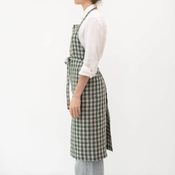 Linen Tales Forest Green Gingham Linen Chef Apron