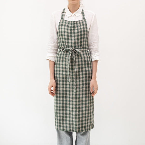 Linen Tales Forest Green Gingham Linen Chef Apron