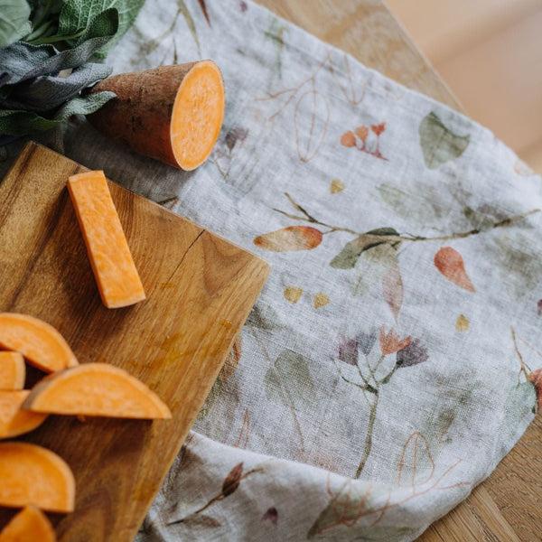 Linen Tales Leaves On Natural Linen Kitchen Towel