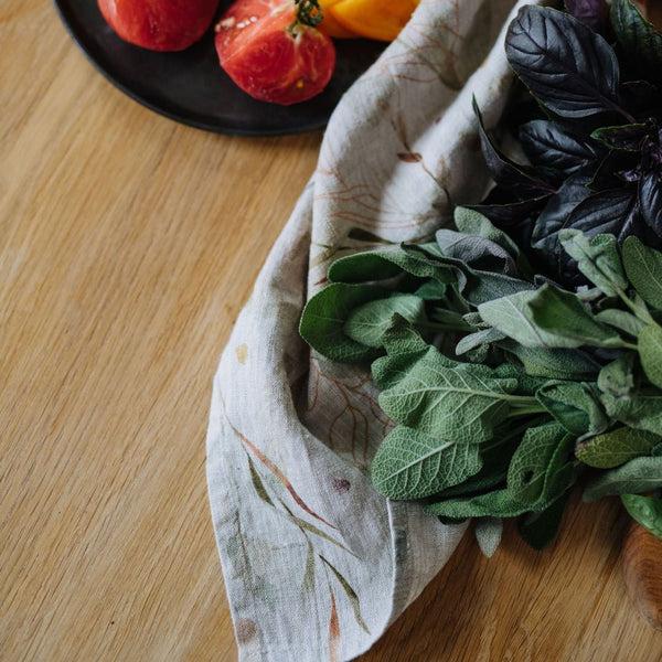 Linen Tales Leaves On Natural Linen Kitchen Towel