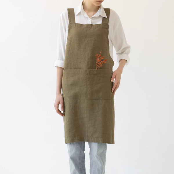linen tales Martini Olive Linen Crossback Apron