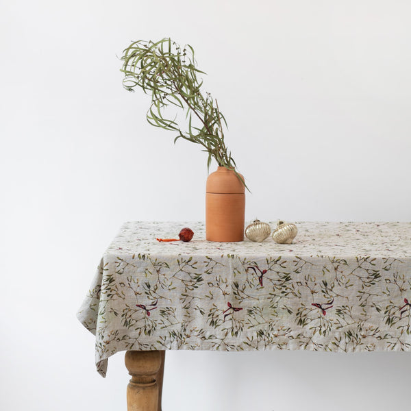 linen tales Mistletoe on Natural Linen Tablecloth