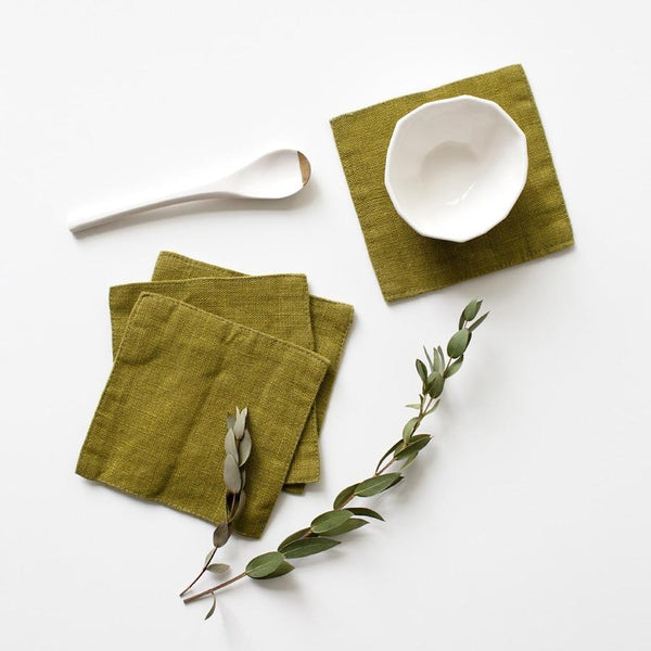 linen tales Moss Green Linen Coasters Set of 4