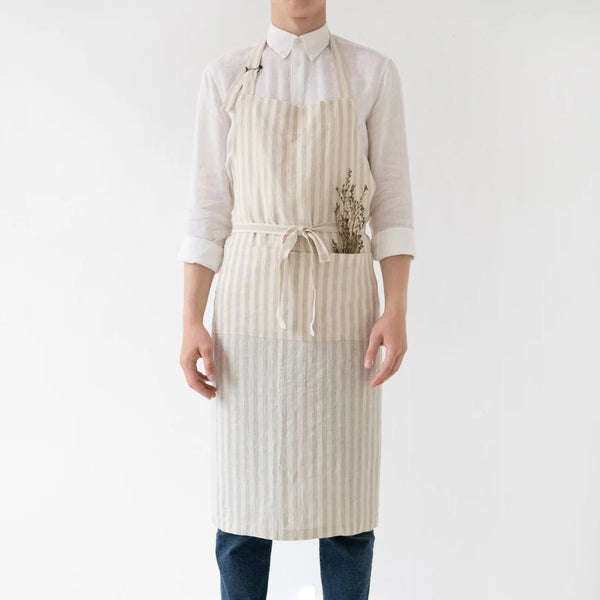 linen tales Natural White Stripes Linen Chef Apron
