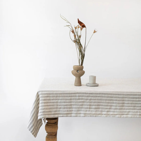 linen tales Natural White Stripes Linen Tablecloth