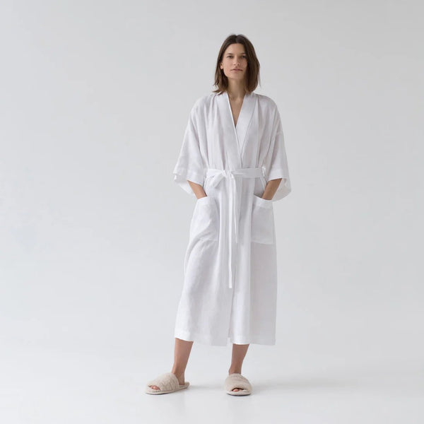 Linen Tales Optical White Linen Summer Bathrobe