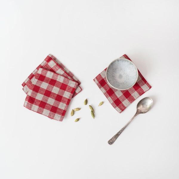 linen tales Red Gingham Linen Coasters Set of 4