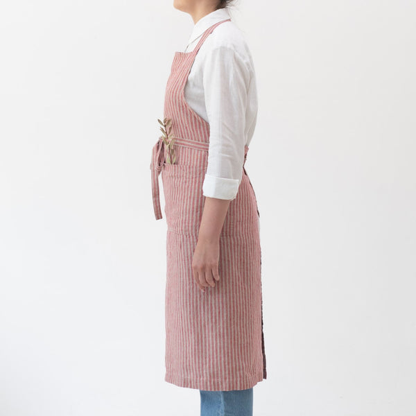 Linen Tales Red Natural Stripes Linen Chef Apron