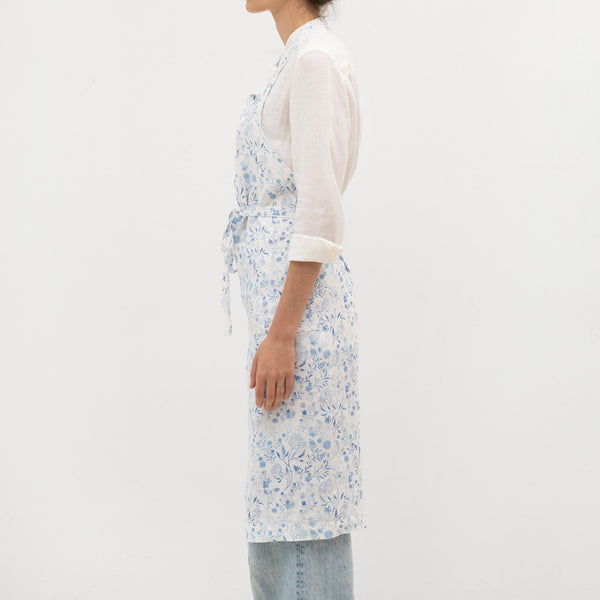 Linen Tales White Botanical Blue Linen Chef Apron