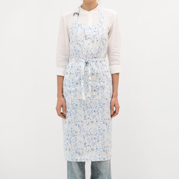 Linen Tales White Botanical Blue Linen Chef Apron