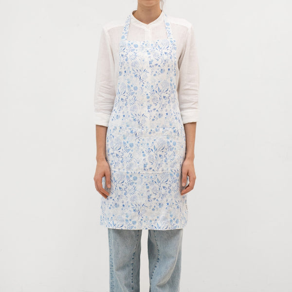 Linen Tales White Botanical Blue Linen Daily Apron