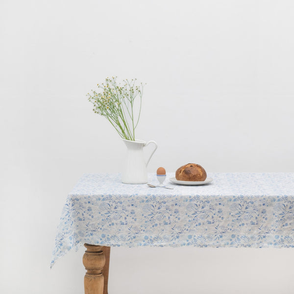 linen tales White Botanical Blue Linen Tablecloth
