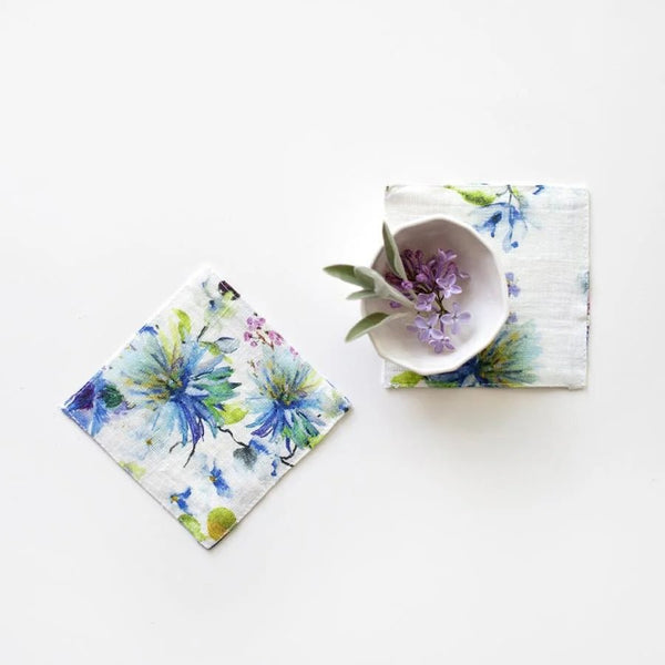 linen tales White Flowers Linen Coasters Set of 4