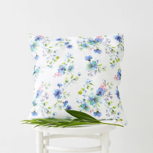linen tales White Flowers Linen Cushion Cover