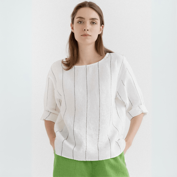 Linen Tales Milk White With Grey Stripe Linen Bilberry Top