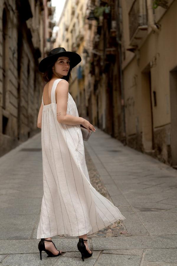Linen Tales Milk White With Grey Stripe Linen Fugue Dress