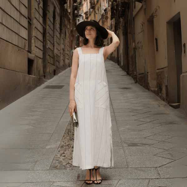 linen tales Milk White with Grey Stripe Linen Fugue Dress